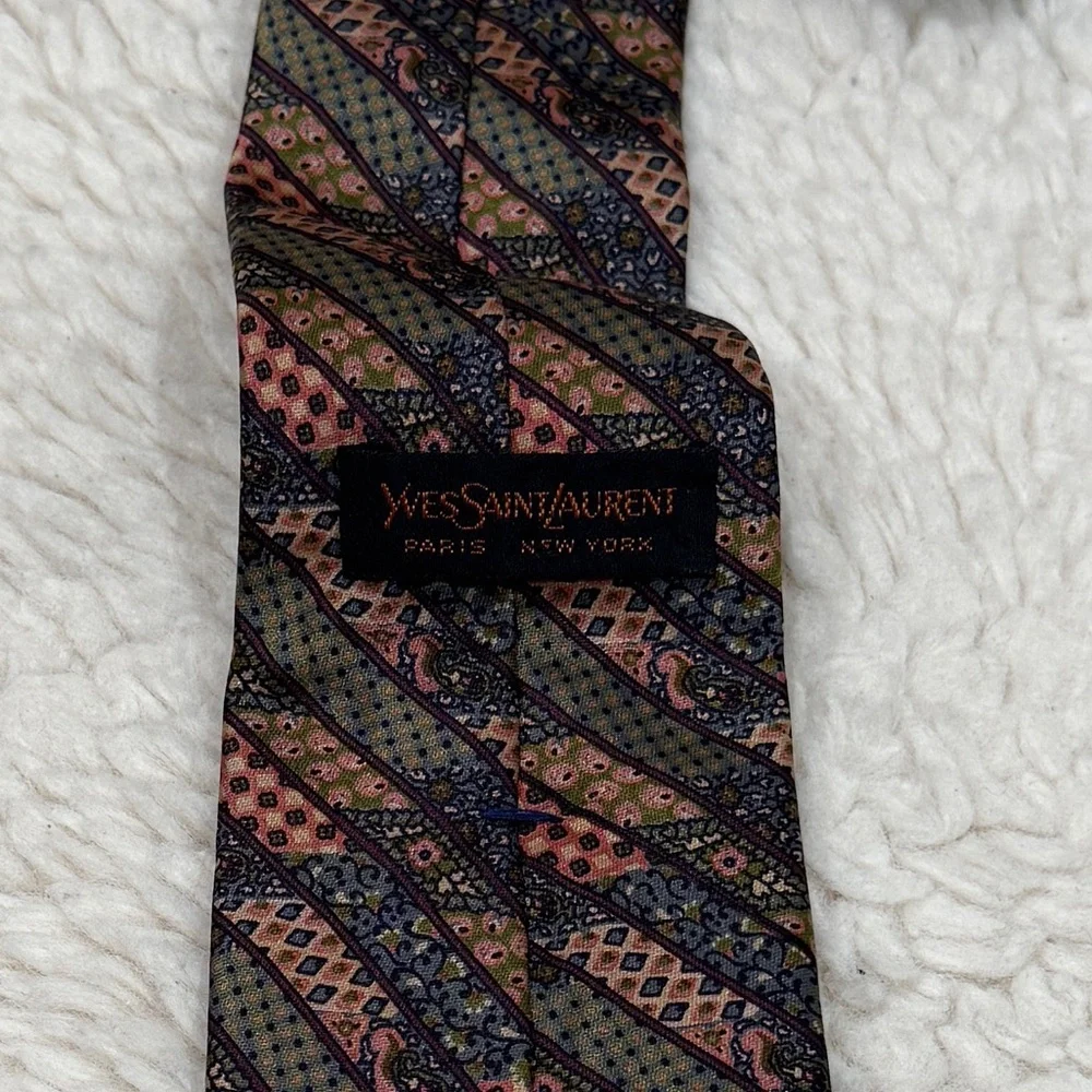 Vtg Yves Saint Laurent YSL Geometric Print Necktie Tie Multicolor Wool Silk Blen